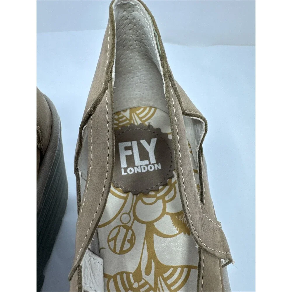 Fly London Yadi Taupe Leather Slip on Cutout Peep-toe Wedge Sandals 39 8 8.5